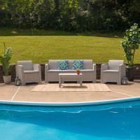 Flash Furniture DAD-SF-113T-CRC-GG 4 Piece Outdoor Faux Rattan Chair, Sofa and Table Set in Light Gray 